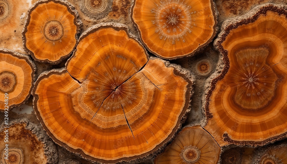 Polished cross-sections of ancient petrified wood with rich amber and mahogany hues, showcasing luxury and sophistication Polished cross-sections of ancient petrified wood with rich amber and mahogany hues, showcasing luxury and sophistication