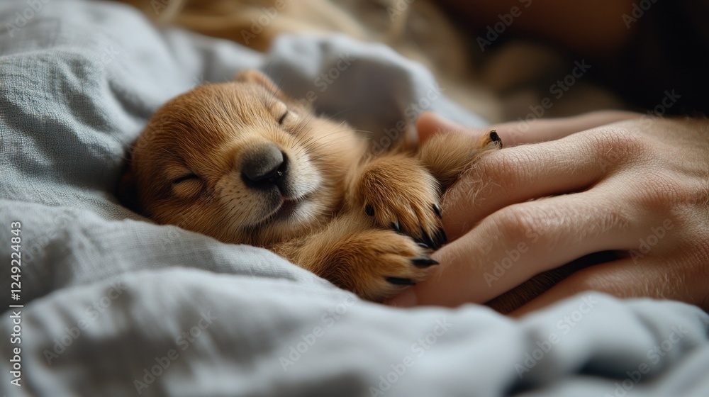 Cute Puppy Sleeping Peacefully in a Cozy Bed with a Human Hand Cute Puppy Sleeping Peacefully in a Cozy Bed with a Human Hand