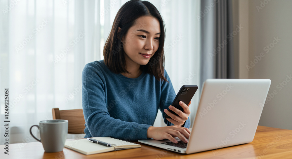 Person working on laptop with smartphone in hand at modern desk Person working on laptop with smartphone in hand at modern desk