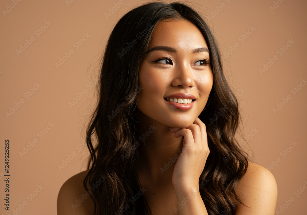 Female portrait smiling with soft waves and warm background Female portrait smiling with soft waves and warm background