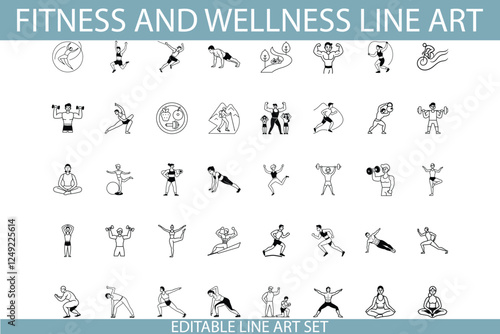 Editable Fitness Wellness Line Art Icons Exercise, Workout, Yoga, Health