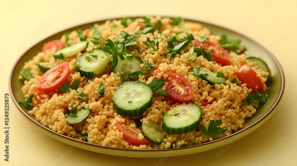 A plate of vibrant, fresh couscous salad with cucumber, tomatoes, and herbs, set on a soft yellow background, A plate of vibrant, fresh couscous salad with cucumber, tomatoes, and herbs, set on a soft yellow background,