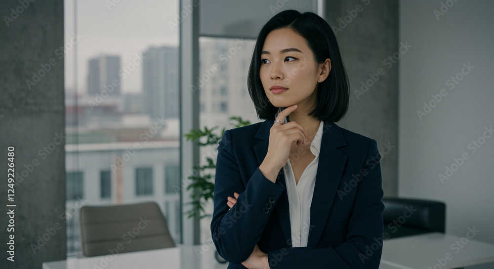 Business woman thinking in office professional attire focused expression modern workspace corporate setting Business woman thinking in office professional attire focused expression modern workspace corporate setting
