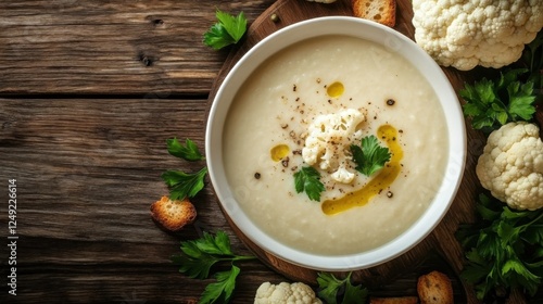 Top view of a cauliflower cream soup with parsley on the wooden table, copy space, healthy food concept