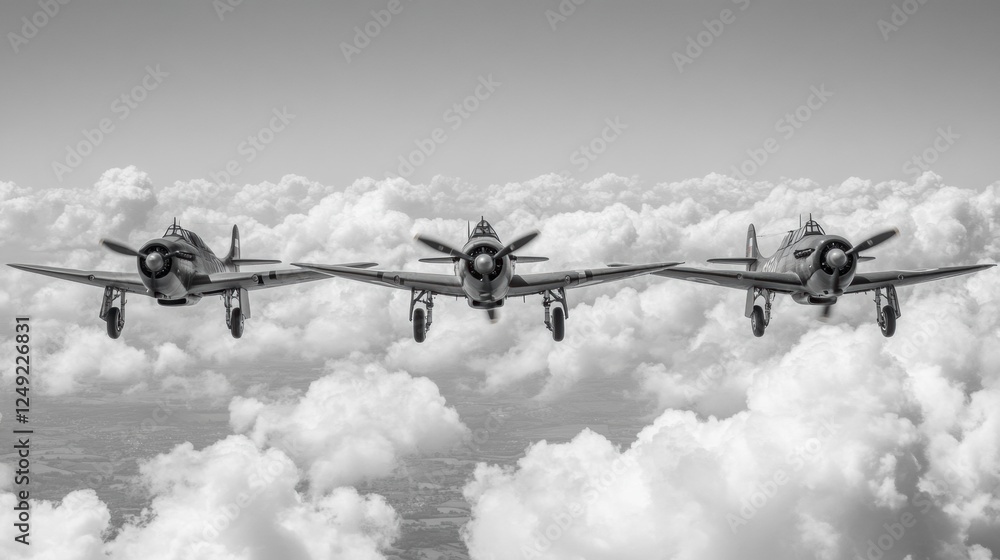 Historic Military Aircraft Flying in Formation Above White Clouds