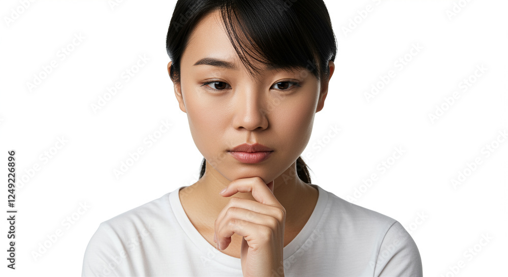 Woman with thoughtful expression contemplating deeply while showing a pensive look Woman with thoughtful expression contemplating deeply while showing a pensive look