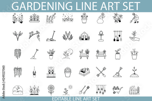 Gardening Line Art Set Editable Illustrations for Plants, Tools, and More