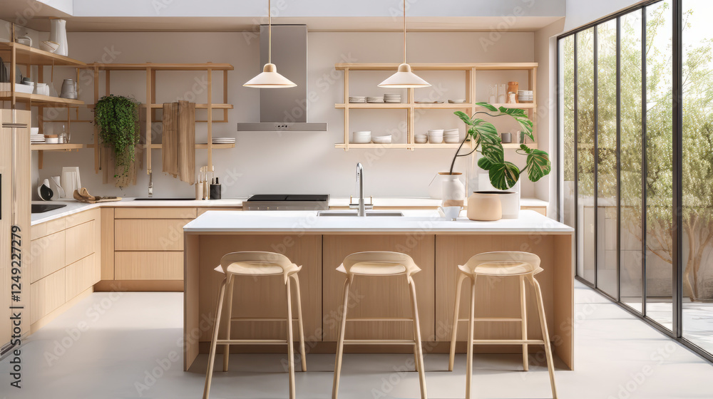 A Japandi-inspired kitchen with light wooden cabinets, white quartz countertops, and a neutral backsplash A Japandi-inspired kitchen with light wooden cabinets, white quartz countertops, and a neutral backsplash