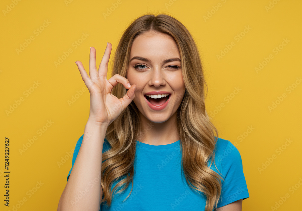 Happy woman making positive gesture with joyful expression and winking on yellow background Happy woman making positive gesture with joyful expression and winking on yellow background