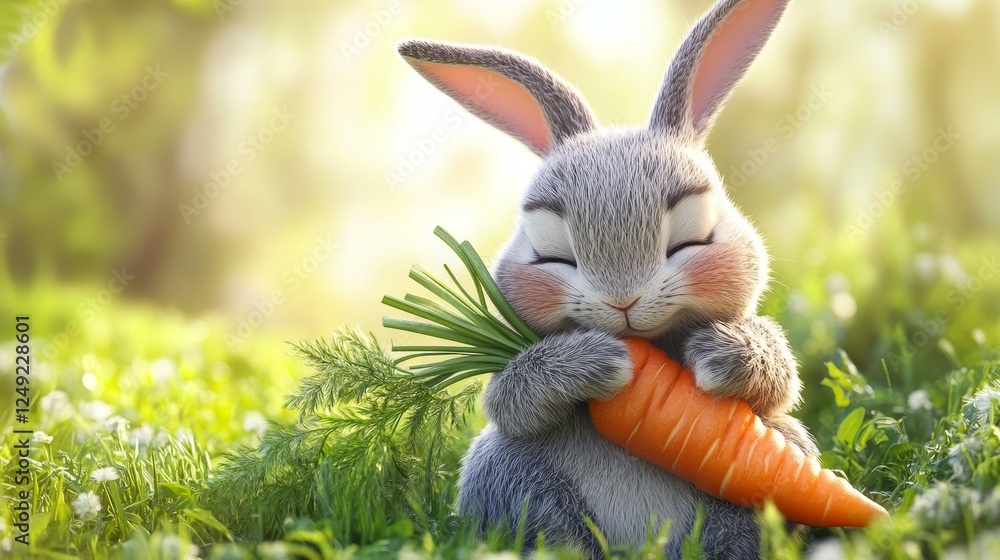 Obraz premium cute easter rabbit hugging carrot character vector illustration design