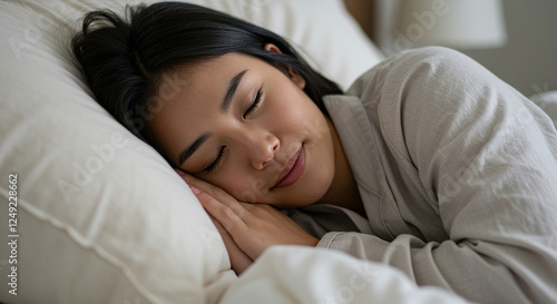 Woman sleeping peacefully in bed with soft pillow and serene expression showcasing relaxation mood and comfort