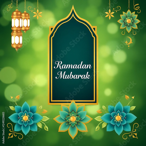 Festive Ramadan Mubarak Greeting Card Design with Golden Lanterns and Flowers.