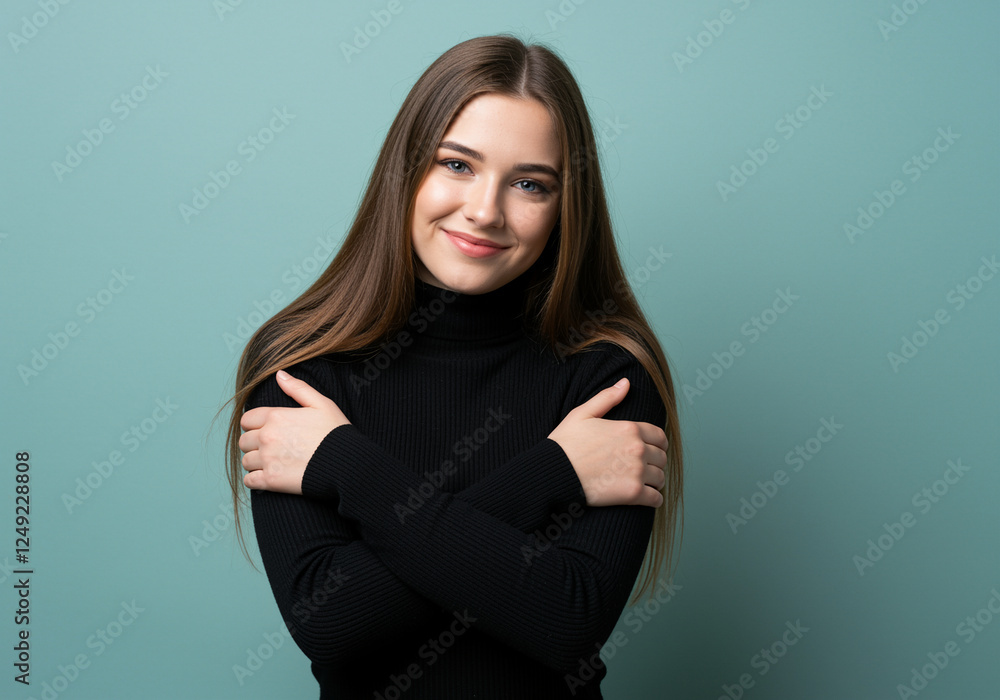 Young woman smiling portrait photo with long hair wearing a black sweater embracing herself against a soft background Young woman smiling portrait photo with long hair wearing a black sweater embracing herself against a soft background