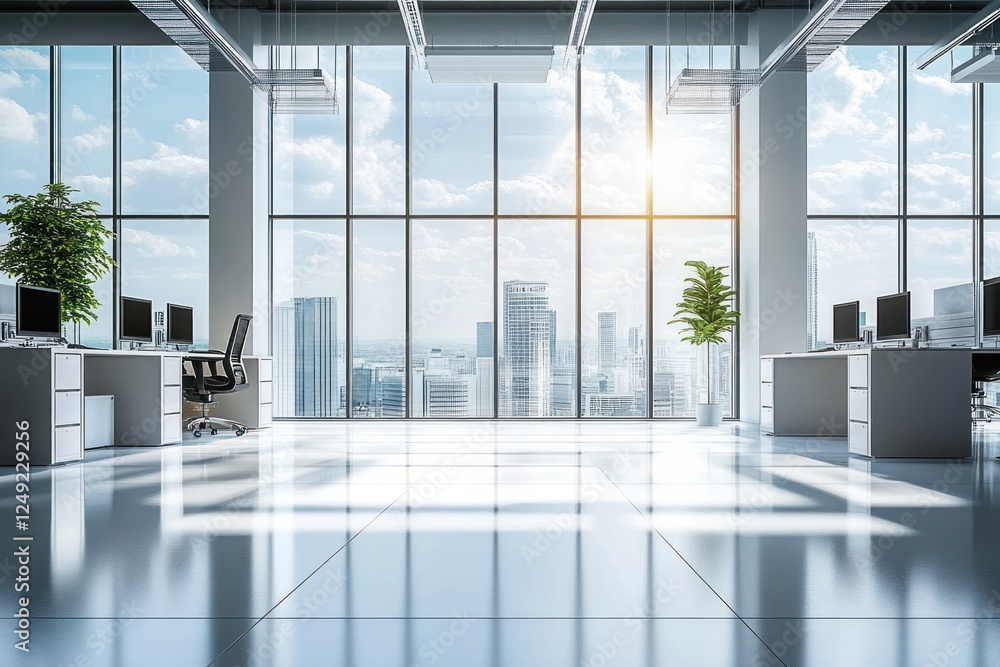 Minimalist Modern Office Interior with Large Windows and City View Minimalist Modern Office Interior with Large Windows and City View