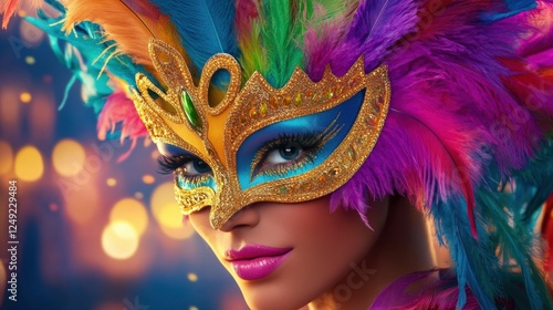 Wallpaper Mural A vibrant close-up of a woman wearing a colorful, feathered masquerade mask with intricate gold details, surrounded by a festive, glowing background. Torontodigital.ca
