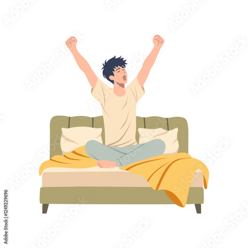 A guy is sitting on a bed and stretching. Color vector illustration.