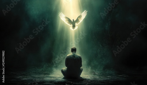 Pentecost Holy Spirit Dove Appearing to Kneeling Christian Man in Prayer