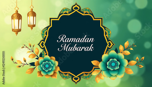 Festive Ramadan Mubarak Greeting Card Design with Golden Lanterns and Flowers.