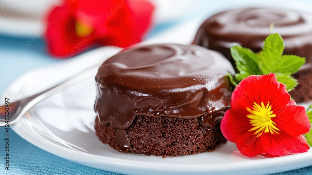 Food Tolerance Concept, Elegant Close-Up of Soy-Free Chocolate Dessert with Flowers on a Plate Food Tolerance Concept, Elegant Close-Up of Soy-Free Chocolate Dessert with Flowers on a Plate
