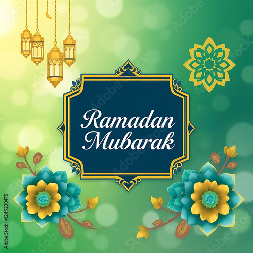 Festive Ramadan Mubarak Greeting Card Design with Golden Lanterns and Flowers.