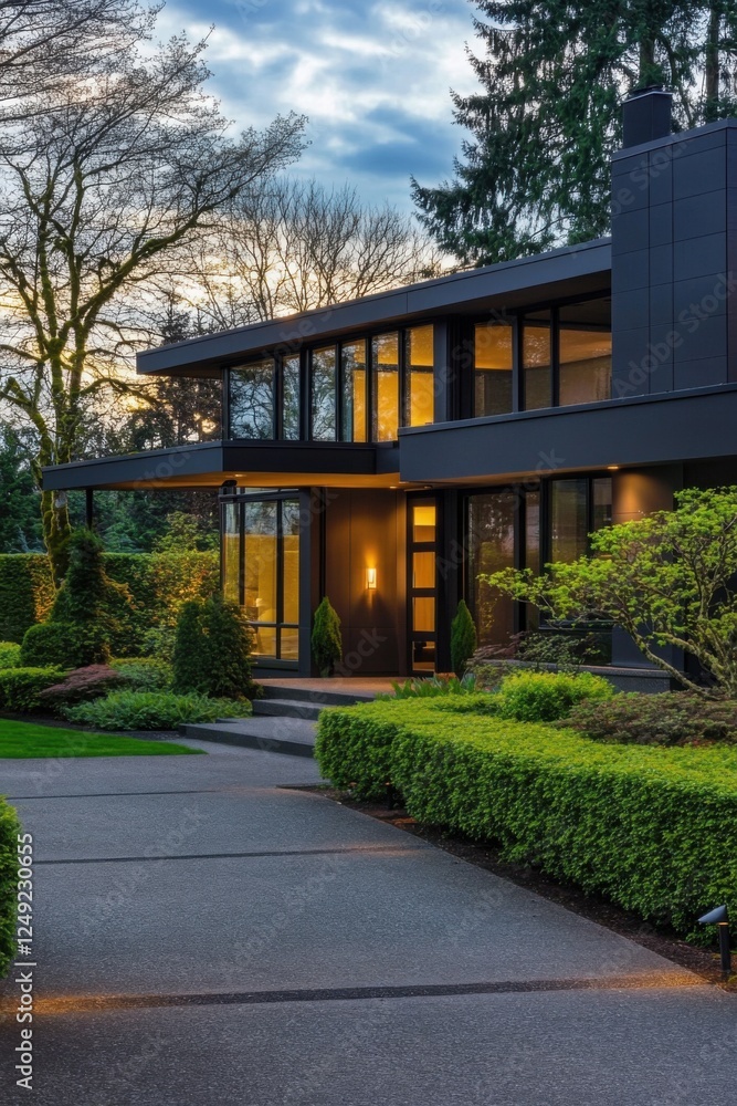 Fototapeta premium Modern architectural design of a sleek home at dusk surrounded by lush greenery and a well-maintained garden in a tranquil residential area
