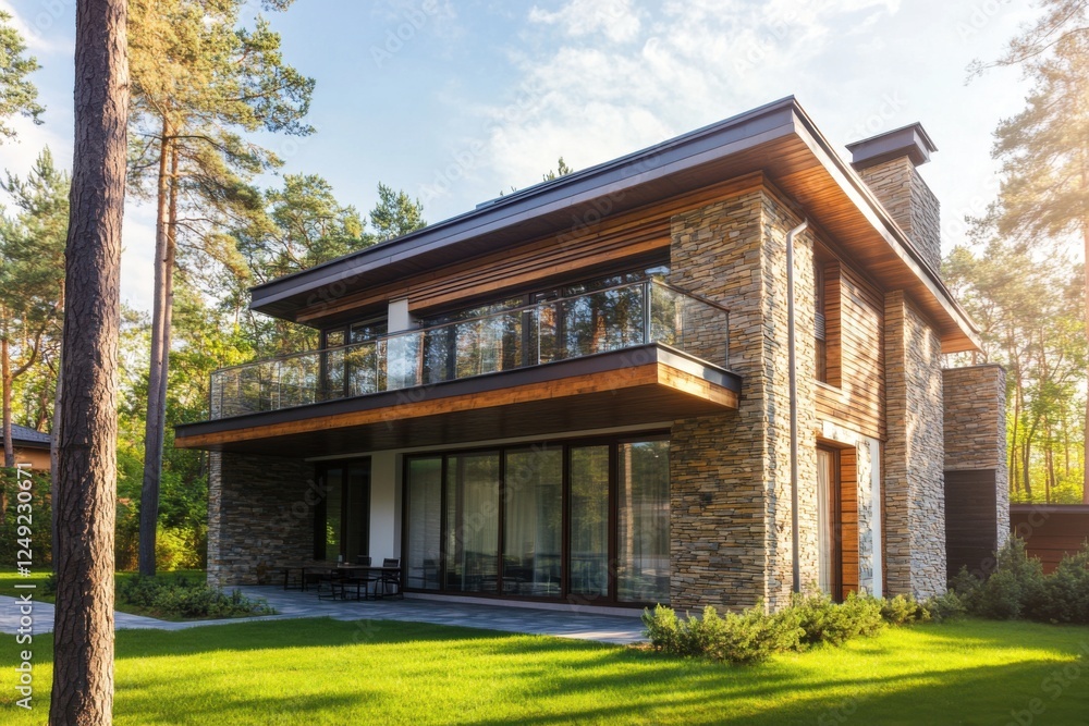 A contemporary stone house nestled among lush trees features a stunning glass balcony and a generous lawn, all set in a peaceful natural landscape during the day A contemporary stone house nestled among lush trees features a stunning glass balcony and a generous lawn, all set in a peaceful natural landscape during the day