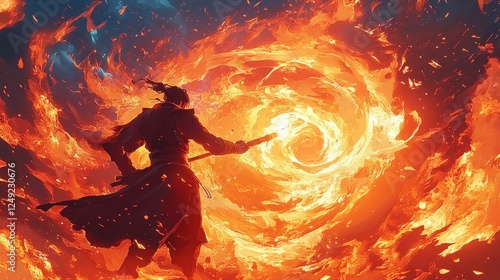 dynamic scene of warrior wielding fiery staff anime illustration action intensity photo