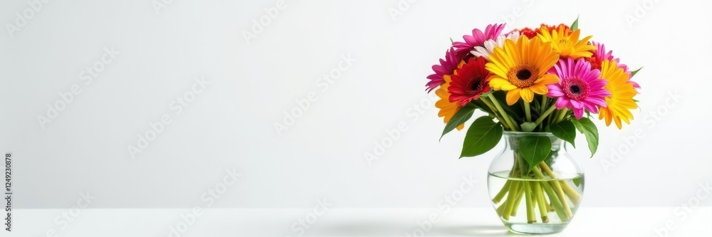 Fototapeta premium Colorful flower bouquet in clear glass vase against pure white, bloom, spring, bouquet