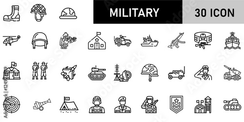 Minimalist Military Icon Pack | 30 Outline Vector Icons, Editable stroke. 
