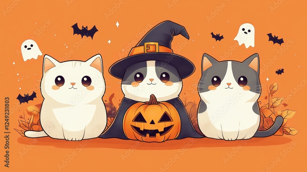 Obraz premium Cute Cartoon Cats in Halloween Costumes with Witch Hat Pumpkin and Ghost