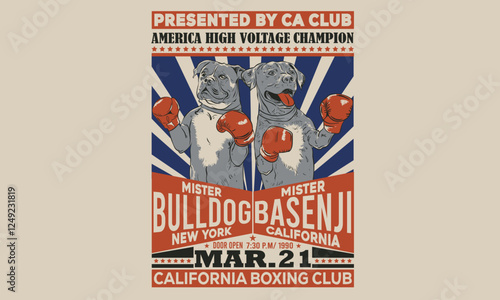 Boxing club artwork. Boxing poster design. Pet design. Dog boxing academy graphic print design for apparel, stickers, posters and background.