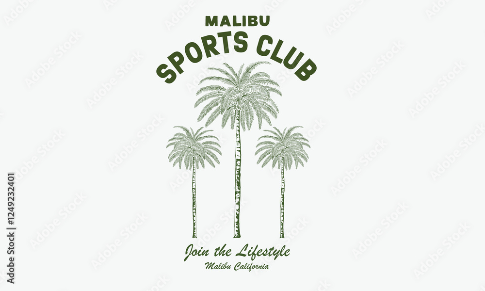 Fototapeta premium Malibu sport club artwork for t shirt, posters, stickers, background and others. Date palm tree vector design.