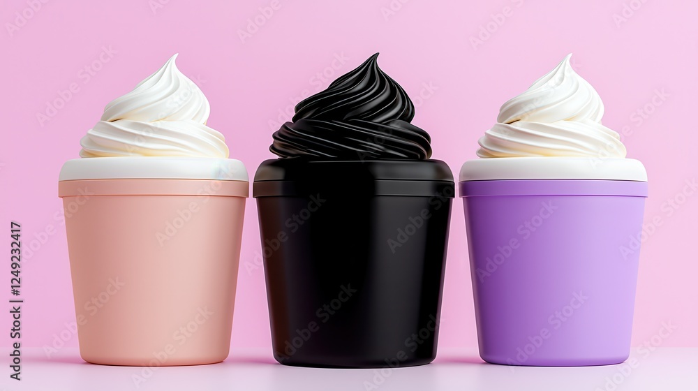 Three Colorful Ice Cream Cups With Whipped Cream On Pink Background Three Colorful Ice Cream Cups With Whipped Cream On Pink Background