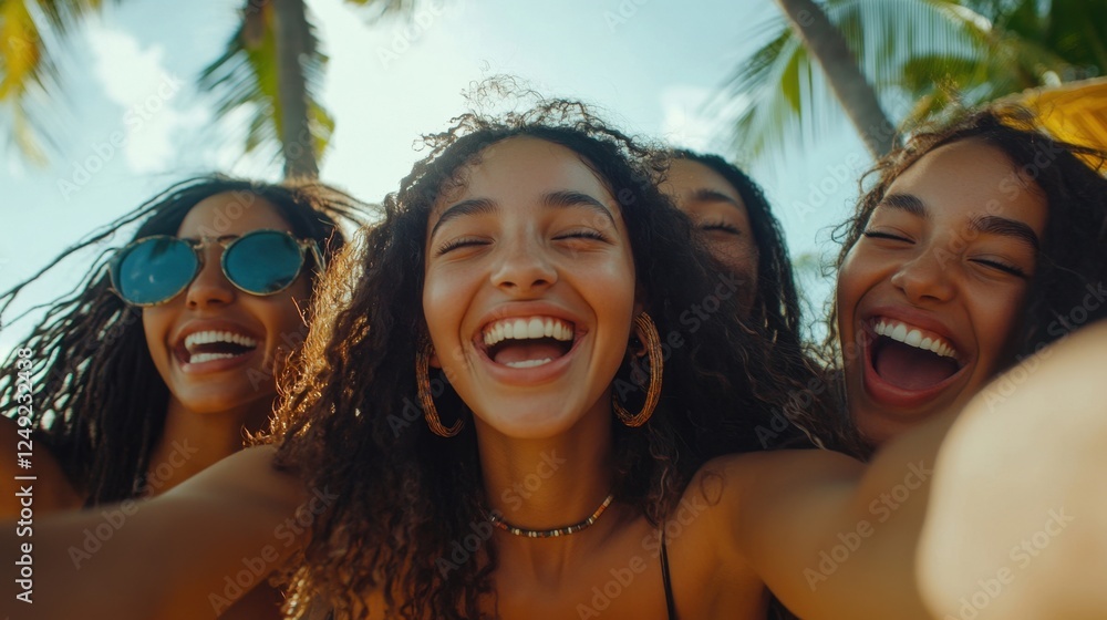A group of young female friends capturing a joyful moment, radiating excitement and happiness A group of young female friends capturing a joyful moment, radiating excitement and happiness