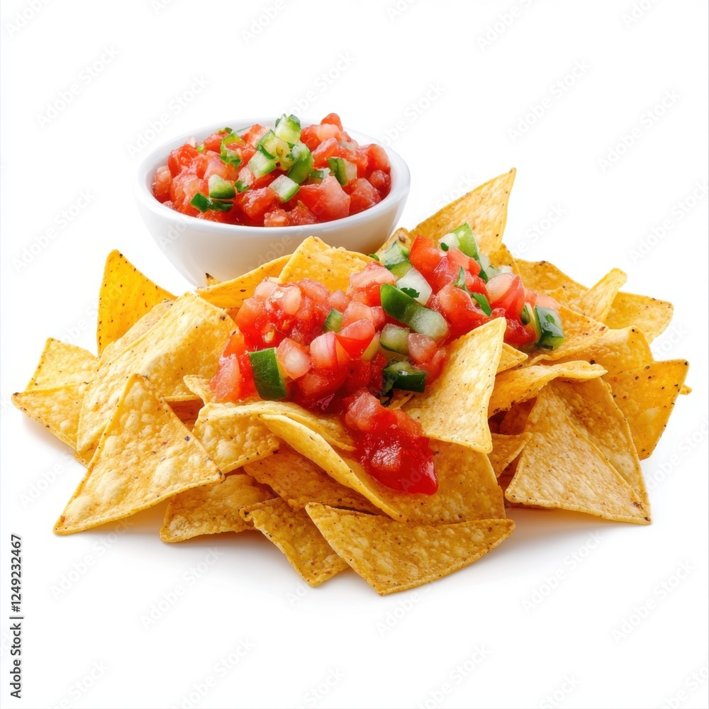 Crispy Tortilla Triangles with Fresh Salsa Garnish on a Clean White Background Crispy Tortilla Triangles with Fresh Salsa Garnish on a Clean White Background