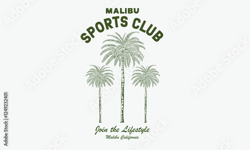 Malibu sport club artwork for t shirt, posters, stickers, background and others. Date palm tree vector design.