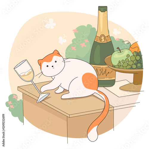 A cute and funny white and red cat. Cat sits on a dinner table and pushes the glass of wine. Cartoon illustration. Vector illustration. 