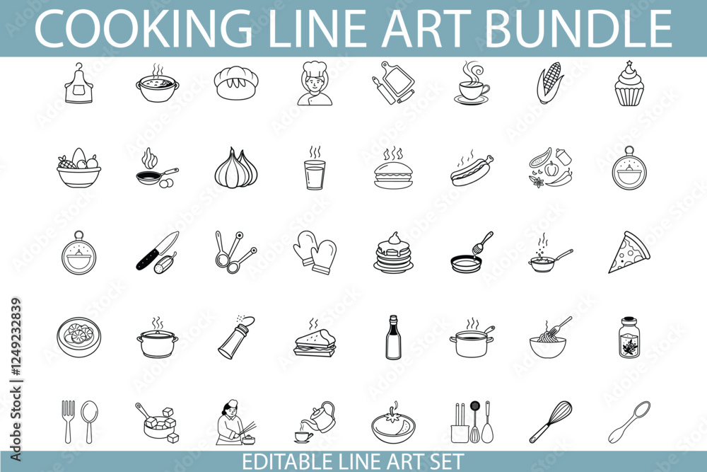 Fototapeta premium Cooking Line Art Bundle Editable Vector Illustrations for Food Blogs