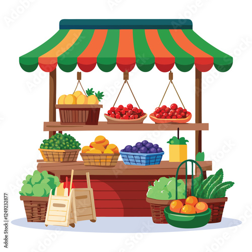 Colorful Farmers Market Stand Vector Illustration: Fresh Fruits, Vegetables, Produce Stall, Market Scene Graphic for Design Projects
