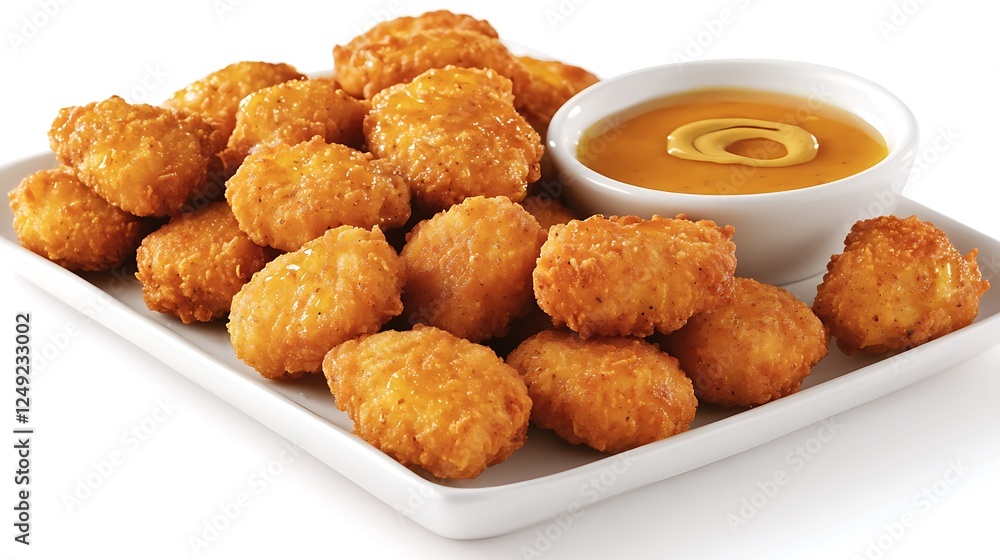 A platter of golden chicken nuggets served with a side of honey mustard dipping sauce, resting on a bright white background A platter of golden chicken nuggets served with a side of honey mustard dipping sauce, resting on a bright white background