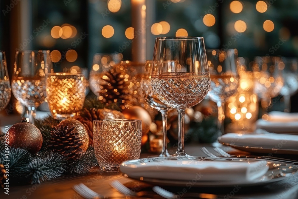 Cozy Christmas Dinner Table Setting with Candlelight and Glassware Cozy Christmas Dinner Table Setting with Candlelight and Glassware