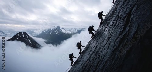 A group of climbers ascending a rugged mountain face, using ropes and harnesses against a backdrop of misty peaks photo