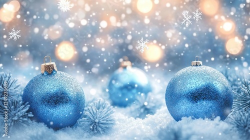 Winter Snowfall Background with Blue Ornaments and Snowflakes for Christmas Celebration