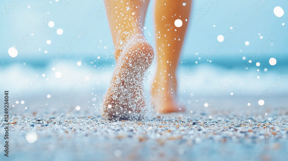 person walking barefoot on sandy beach with sparkling water droplets. serene atmosphere evokes sense of relaxation and tranquility person walking barefoot on sandy beach with sparkling water droplets. serene atmosphere evokes sense of relaxation and tranquility