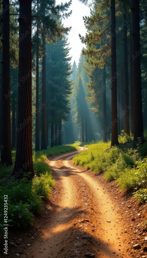 Fototapeta premium Dusty brown track curves through tall pine trees , sunlight, dust, summer heat