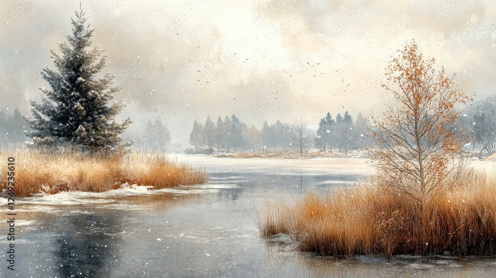 Winter lake, snow, trees, birds, calm, nature scene, postcard Winter lake, snow, trees, birds, calm, nature scene, postcard