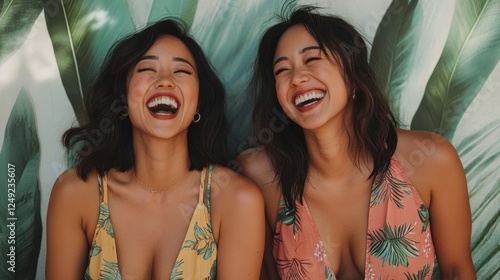 A joyful portrait of best friends wearing matching outfits, laughing together photo