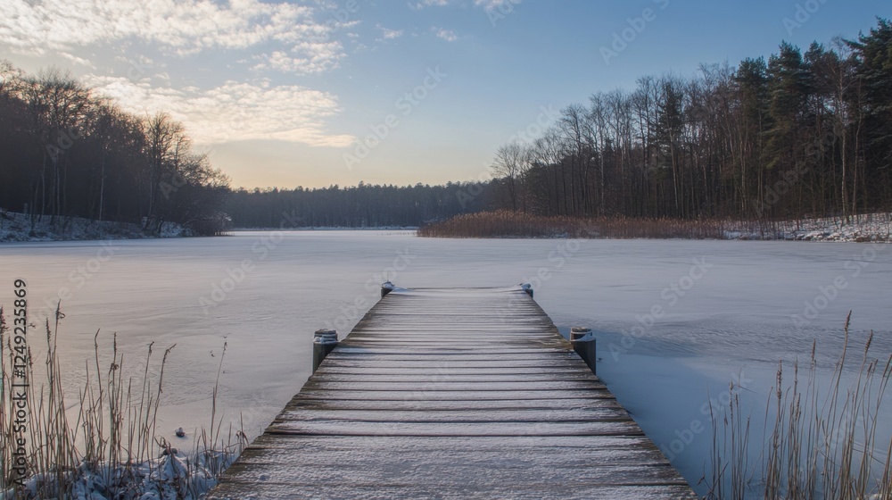 Fototapeta premium A lonely wooden pier extending into a frozen lake, emphasizing solitude and tranquility