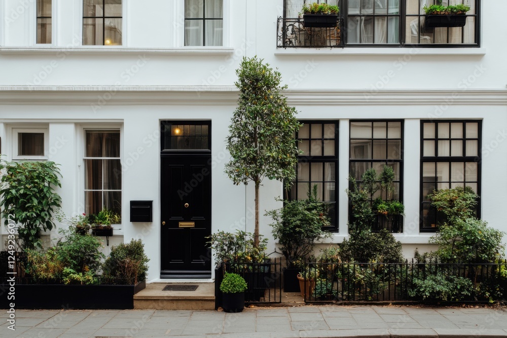 Elegant urban entrance with lush greenery in front of a black door and well-maintained plants during a sunny day in a city street Elegant urban entrance with lush greenery in front of a black door and well-maintained plants during a sunny day in a city street