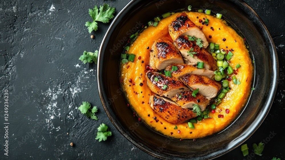 Grilled Chicken Breast Served on Creamy Pumpkin Puree with Greens Grilled Chicken Breast Served on Creamy Pumpkin Puree with Greens